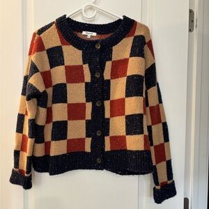 Madewell Checkered Cardigan - Red, Navy, Tan